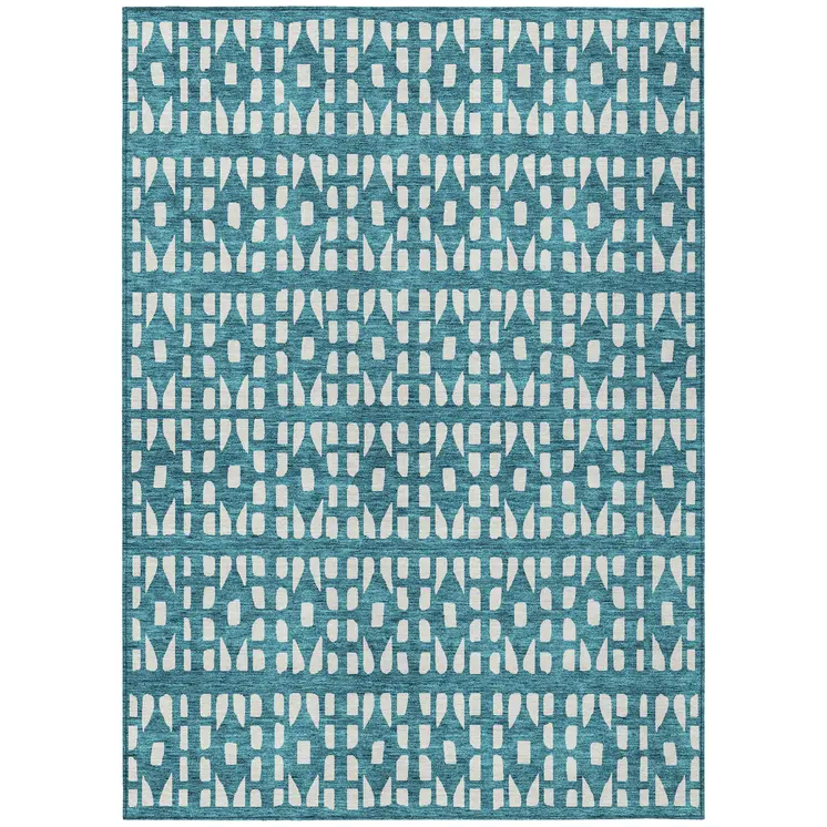 10' X 14' Teal Blue And Ivory Geometric Washable Indoor Outdoor Area Rug