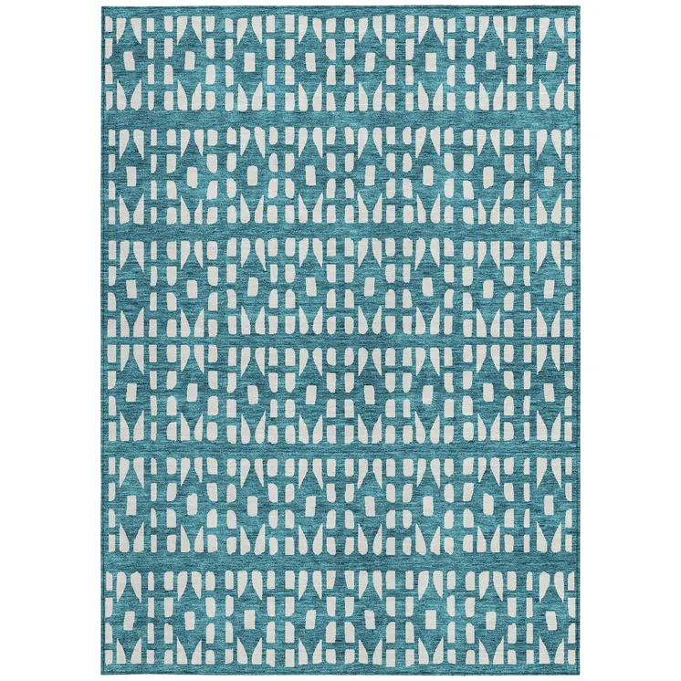 10' X 14' Teal Blue And Ivory Geometric Washable Indoor Outdoor Area Rug