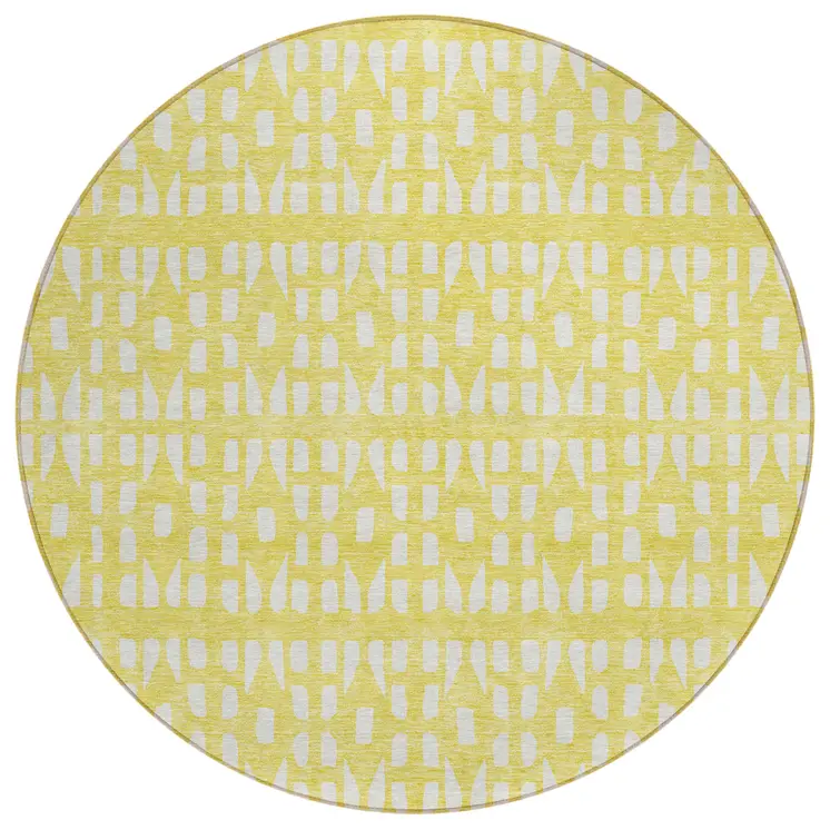 8' Yellow And Ivory Round Geometric Washable Indoor Outdoor Area Rug