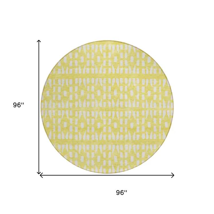 8' Yellow And Ivory Round Geometric Washable Indoor Outdoor Area Rug