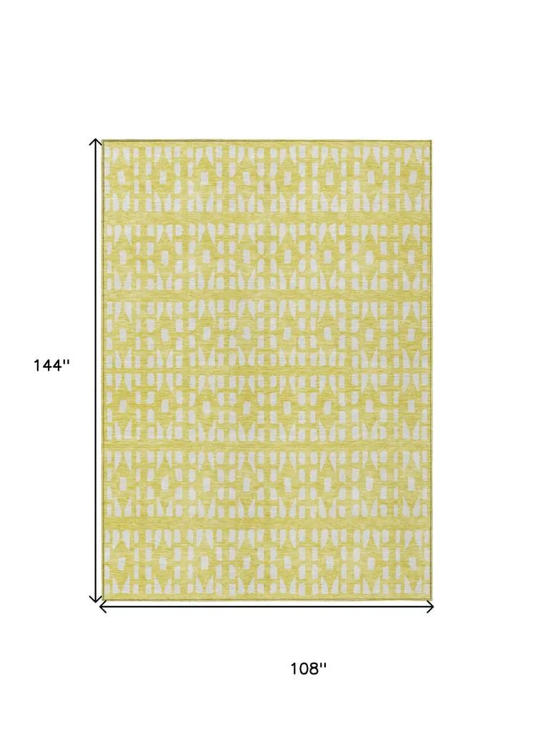 9' X 12' Yellow And Ivory Geometric Washable Indoor Outdoor Area Rug