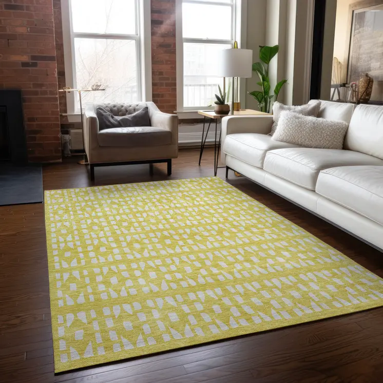 9' X 12' Yellow And Ivory Geometric Washable Indoor Outdoor Area Rug