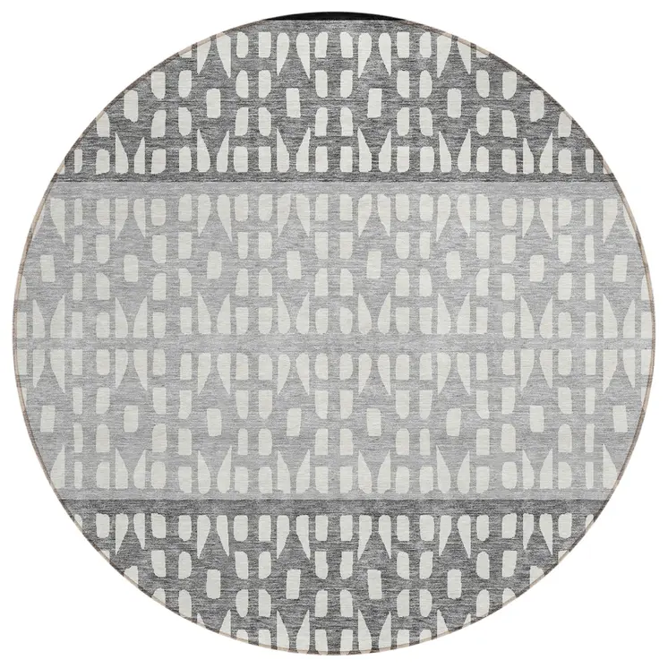 8' Black Gray And Ivory Round Geometric Washable Indoor Outdoor Area Rug