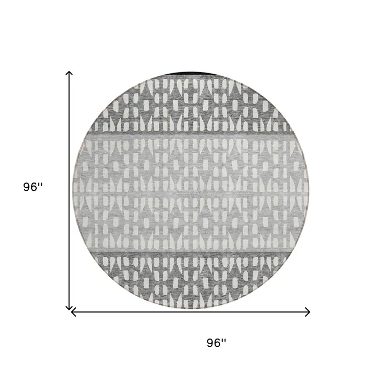 8' Black Gray And Ivory Round Geometric Washable Indoor Outdoor Area Rug