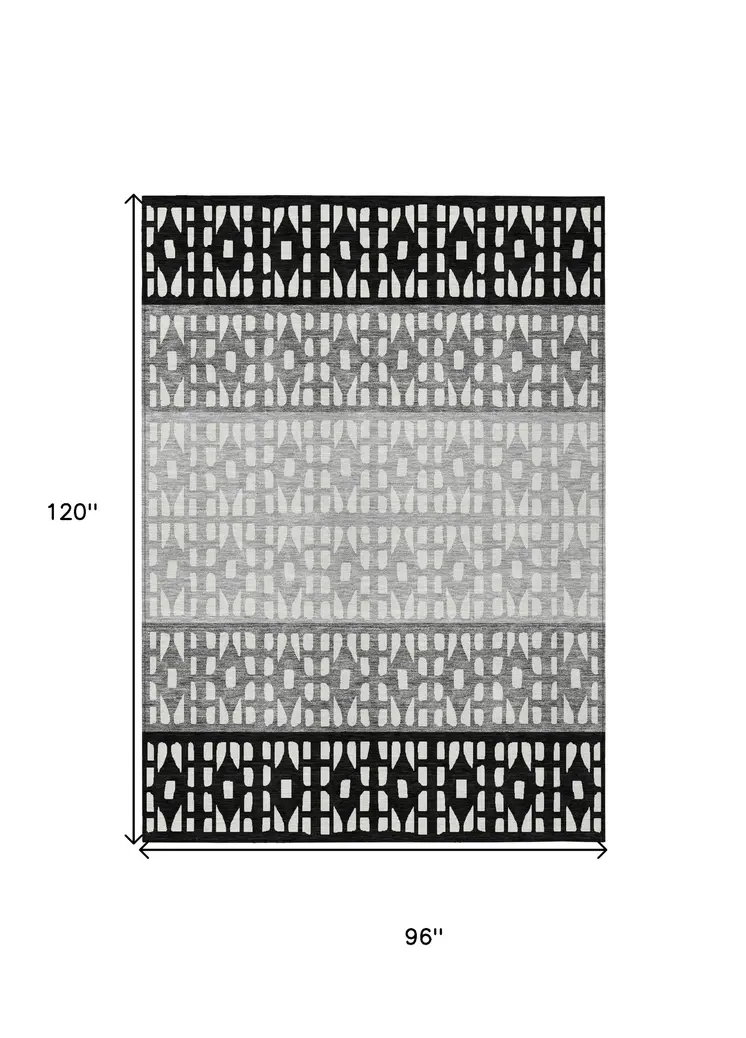 8' X 10' Black Gray And Ivory Geometric Washable Indoor Outdoor Area Rug