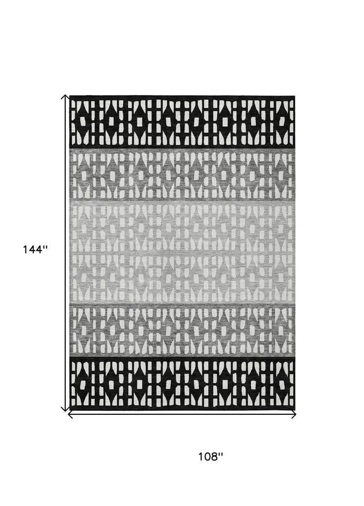 9' X 12' Black Gray And Ivory Geometric Washable Indoor Outdoor Area Rug