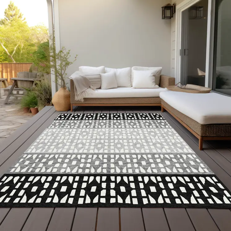 9' X 12' Black Gray And Ivory Geometric Washable Indoor Outdoor Area Rug