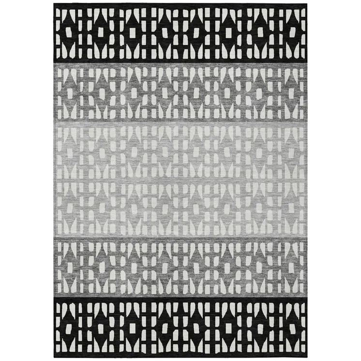 9' X 12' Black Gray And Ivory Geometric Washable Indoor Outdoor Area Rug