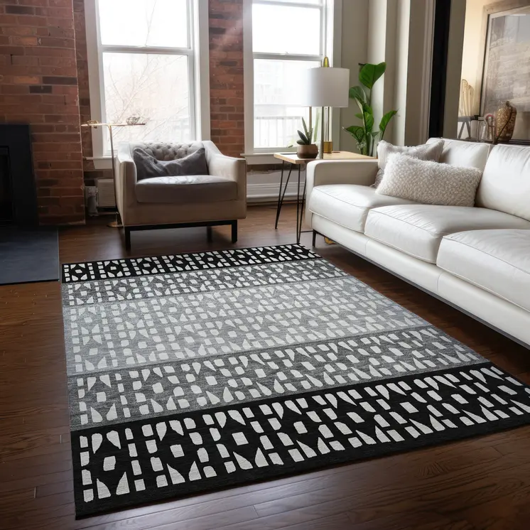 9' X 12' Black Gray And Ivory Geometric Washable Indoor Outdoor Area Rug