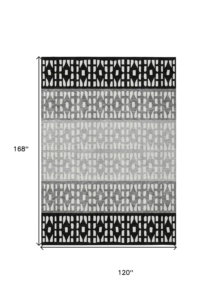 10' X 14' Black Gray And Ivory Geometric Washable Indoor Outdoor Area Rug