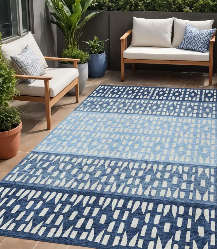 5' X 8' Blue Sky Blue And Ivory Geometric Washable Indoor Outdoor Area Rug