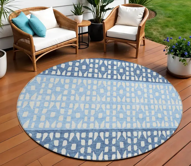 8' Blue Sky Blue And Ivory Round Geometric Washable Indoor Outdoor Area Rug
