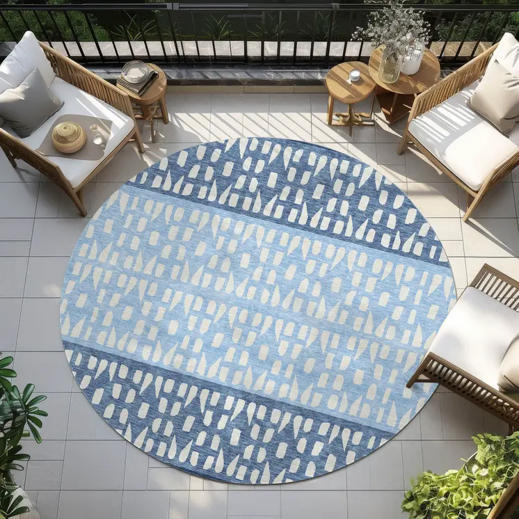 8' Blue Sky Blue And Ivory Round Geometric Washable Indoor Outdoor Area Rug