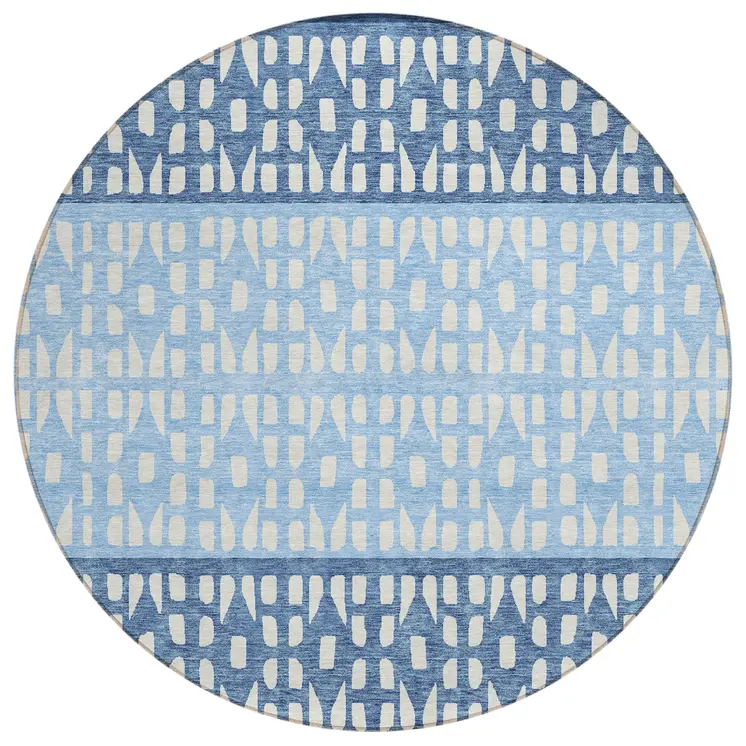 8' Blue Sky Blue And Ivory Round Geometric Washable Indoor Outdoor Area Rug