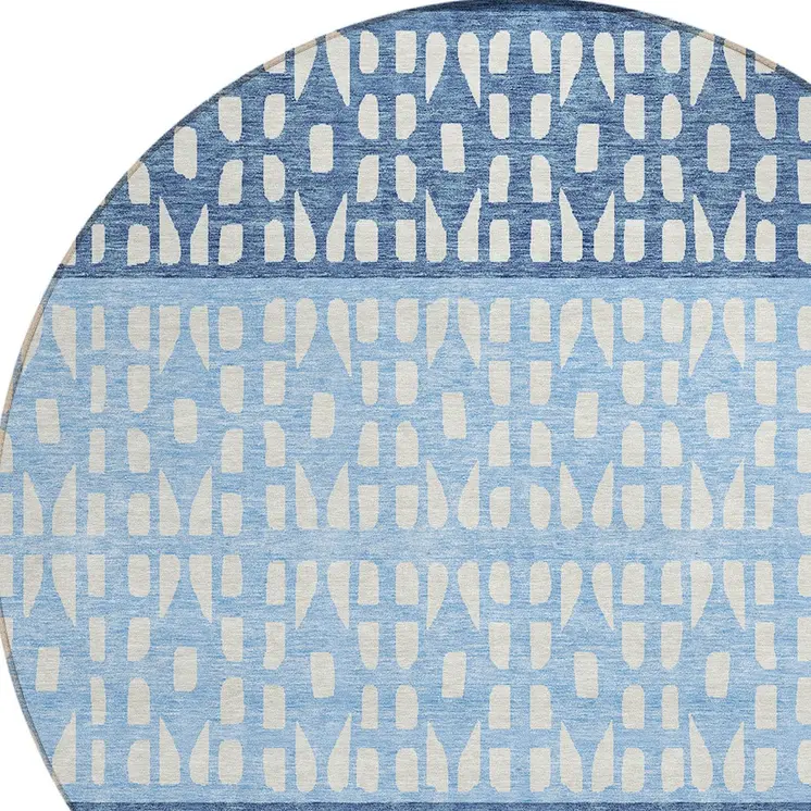 8' Blue Sky Blue And Ivory Round Geometric Washable Indoor Outdoor Area Rug