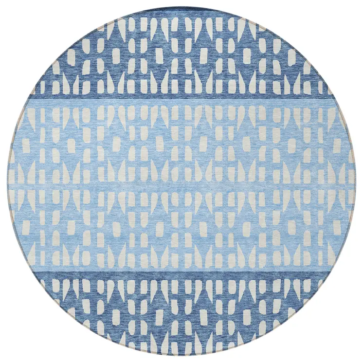 8' Blue Sky Blue And Ivory Round Geometric Washable Indoor Outdoor Area Rug