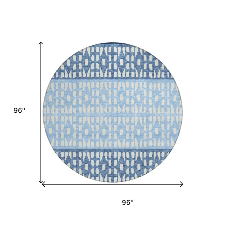 8' Blue Sky Blue And Ivory Round Geometric Washable Indoor Outdoor Area Rug