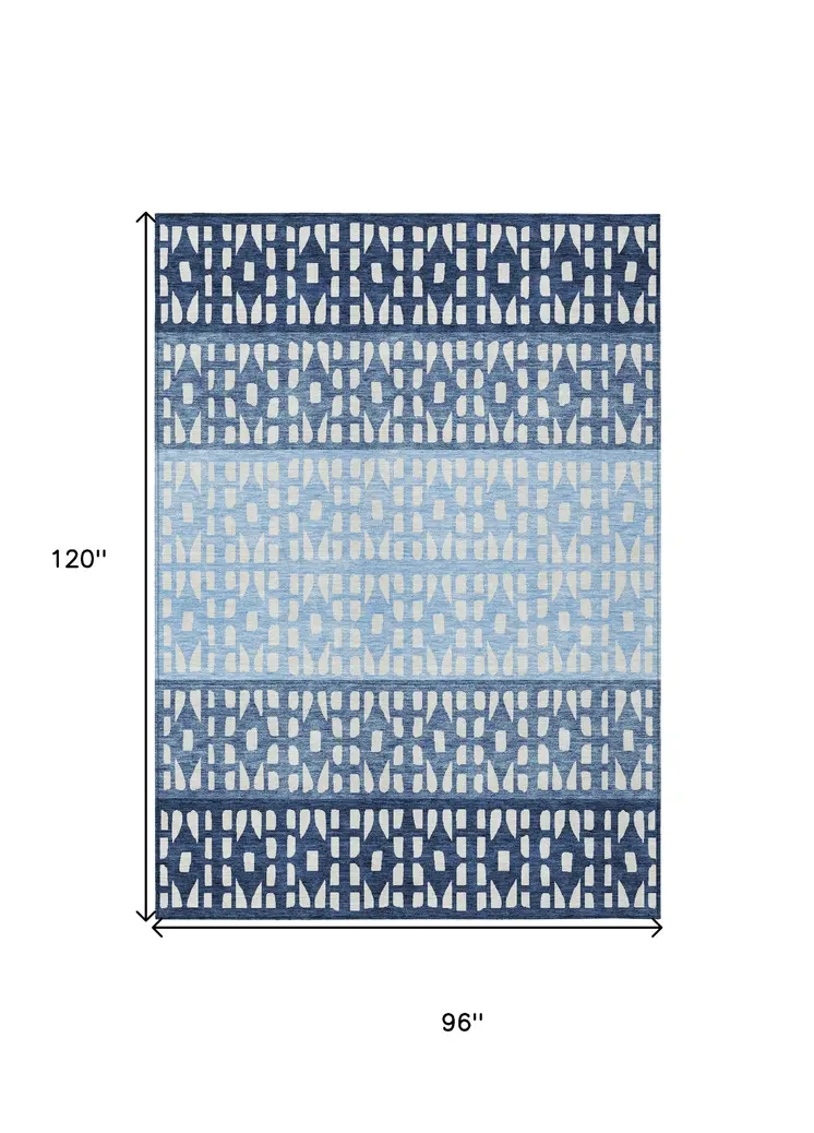8' X 10' Blue Sky Blue And Ivory Geometric Washable Indoor Outdoor Area Rug