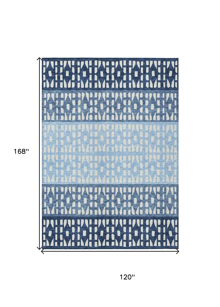 10' X 14' Blue Sky Blue And Ivory Geometric Washable Indoor Outdoor Area Rug