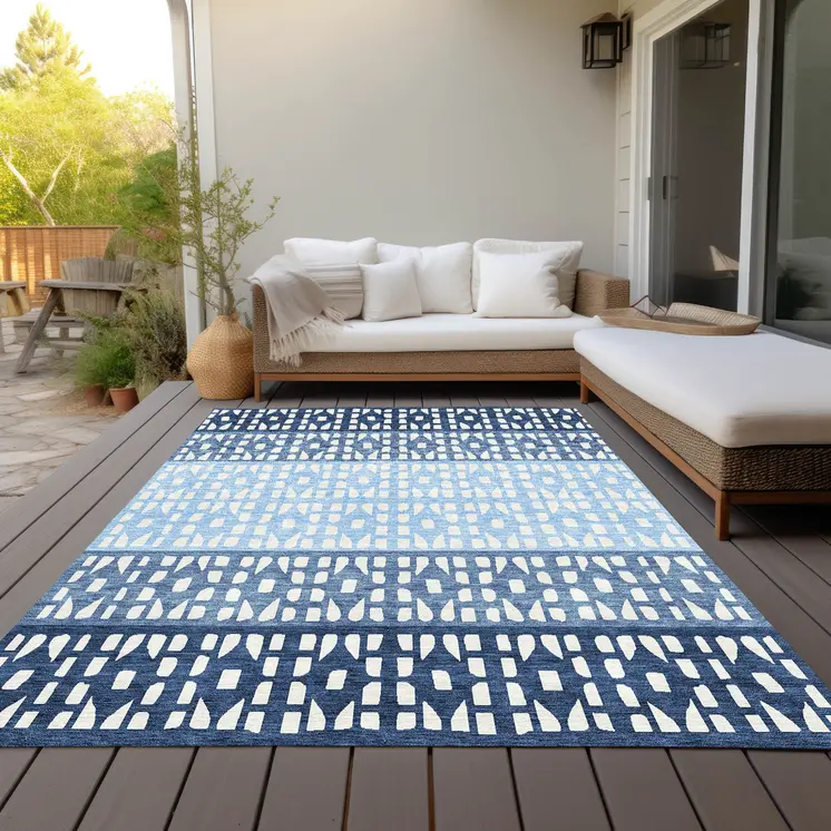 10' X 14' Blue Sky Blue And Ivory Geometric Washable Indoor Outdoor Area Rug