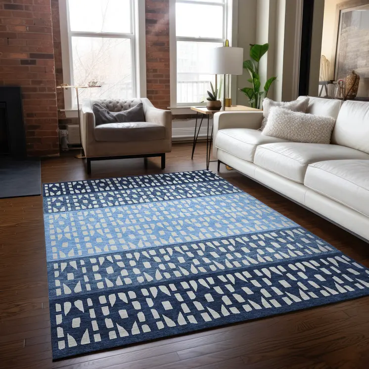 10' X 14' Blue Sky Blue And Ivory Geometric Washable Indoor Outdoor Area Rug