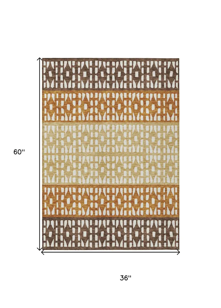 3' X 5' Coffee Copper And Ivory Geometric Washable Indoor Outdoor Area Rug