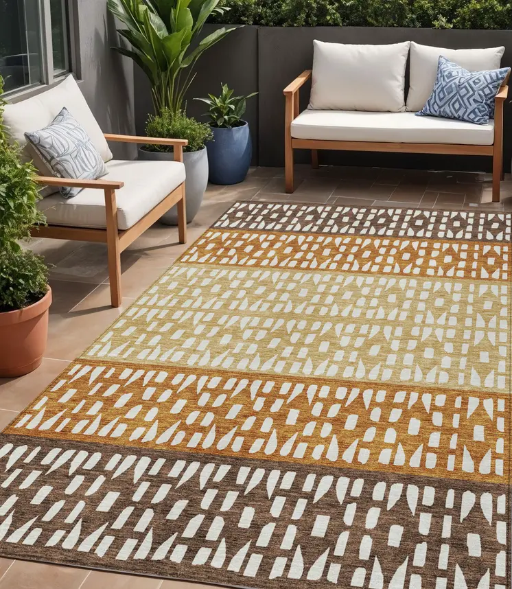 5' X 8' Coffee Copper And Ivory Geometric Washable Indoor Outdoor Area Rug