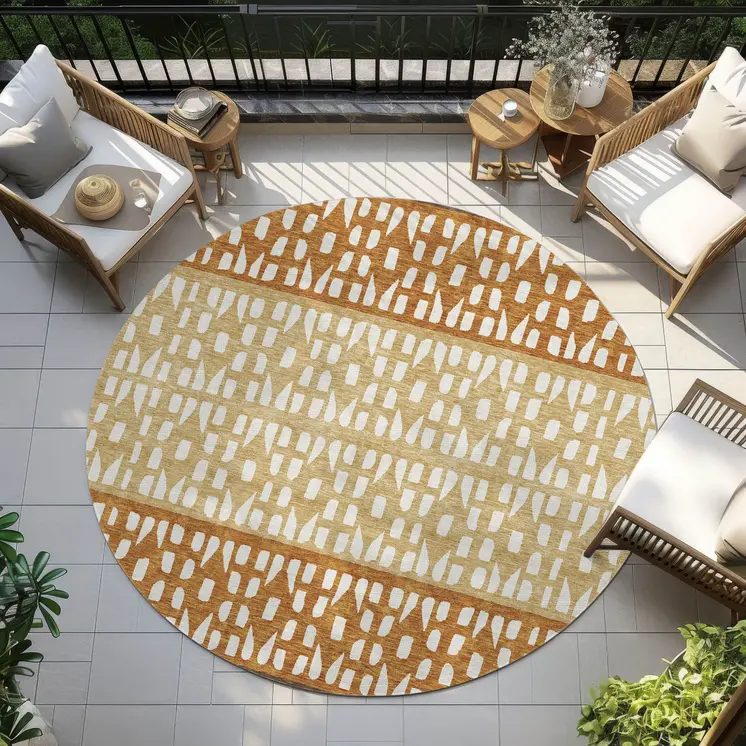 8' Coffee Copper And Ivory Round Geometric Washable Indoor Outdoor Area Rug
