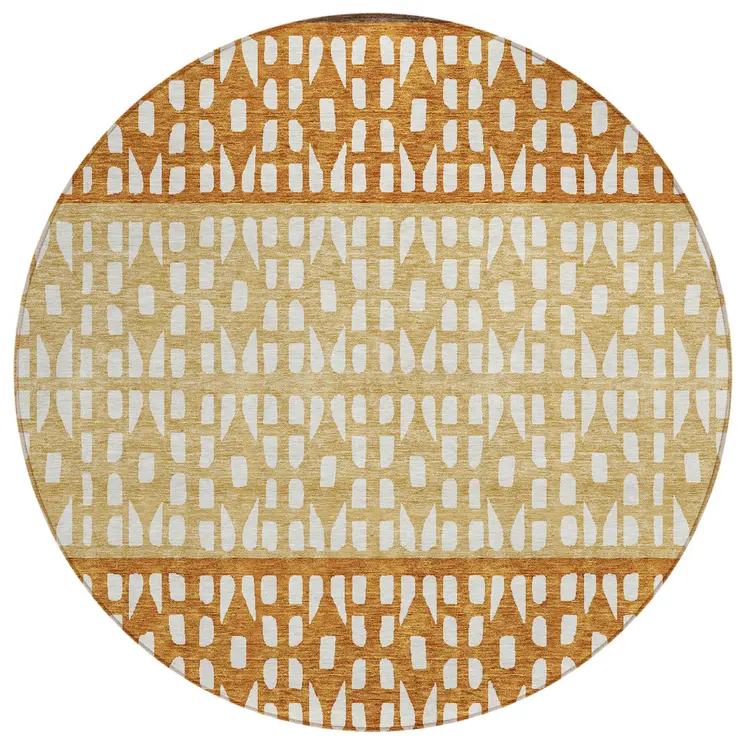 8' Coffee Copper And Ivory Round Geometric Washable Indoor Outdoor Area Rug