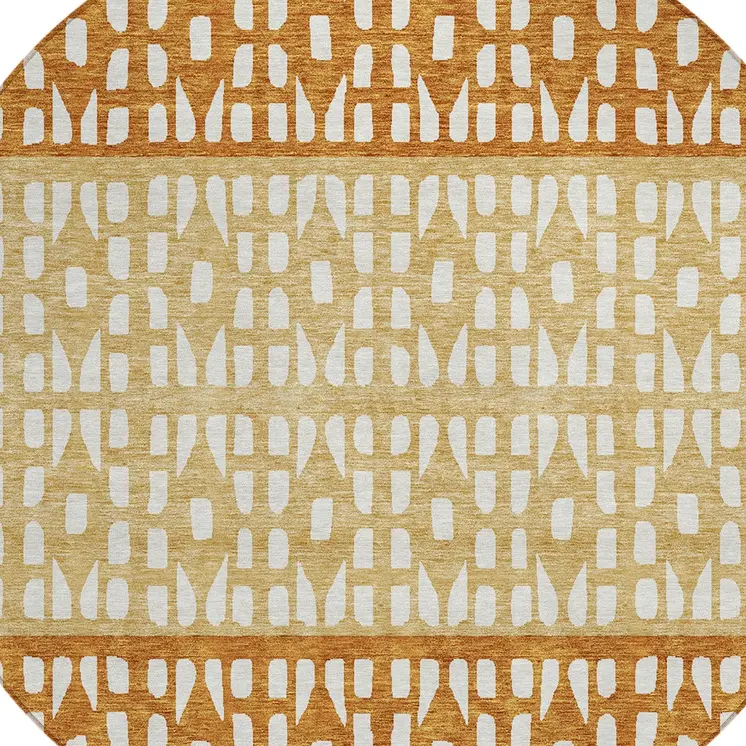 8' Coffee Copper And Ivory Round Geometric Washable Indoor Outdoor Area Rug