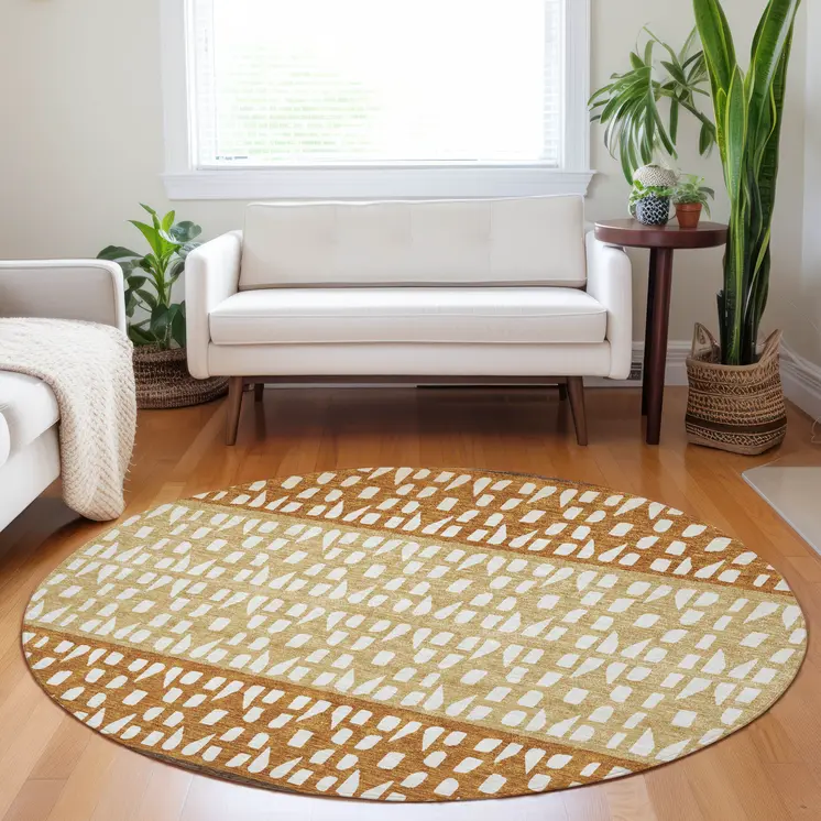 8' Coffee Copper And Ivory Round Geometric Washable Indoor Outdoor Area Rug