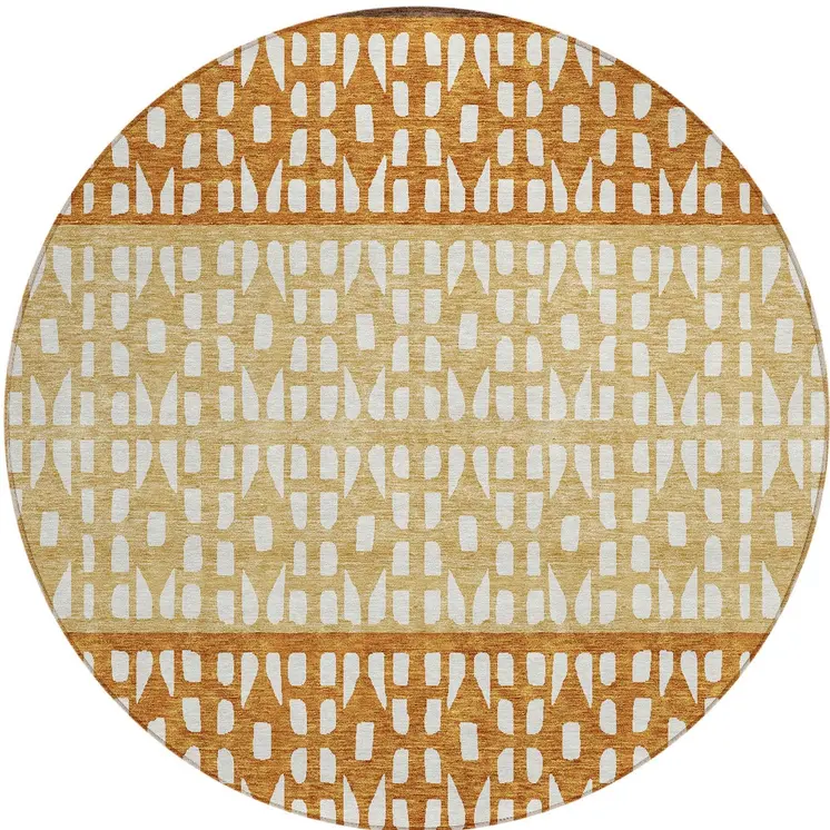 8' Coffee Copper And Ivory Round Geometric Washable Indoor Outdoor Area Rug
