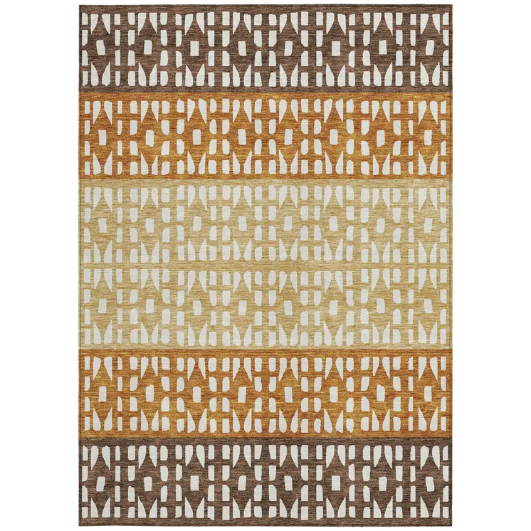 8' X 10' Coffee Copper And Ivory Geometric Washable Indoor Outdoor Area Rug