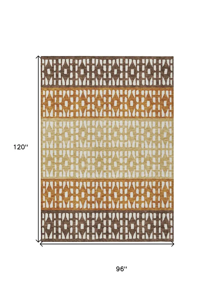 8' X 10' Coffee Copper And Ivory Geometric Washable Indoor Outdoor Area Rug