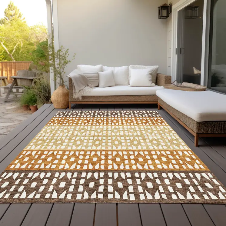 8' X 10' Coffee Copper And Ivory Geometric Washable Indoor Outdoor Area Rug