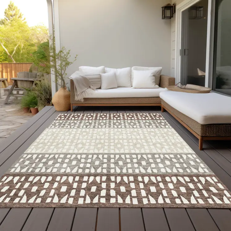 3' X 5' Chocolate Taupe And Ivory Geometric Washable Indoor Outdoor Area Rug