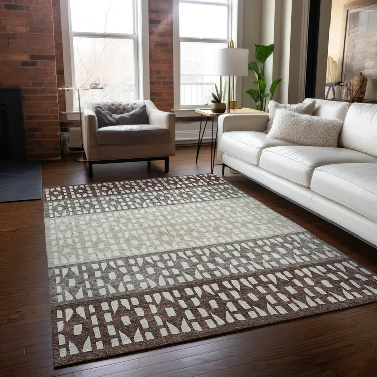 3' X 5' Chocolate Taupe And Ivory Geometric Washable Indoor Outdoor Area Rug