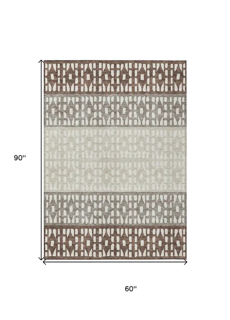 5' X 8' Chocolate Taupe And Ivory Geometric Washable Indoor Outdoor Area Rug