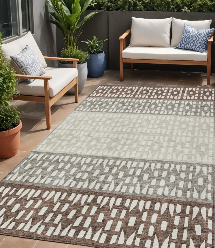 5' X 8' Chocolate Taupe And Ivory Geometric Washable Indoor Outdoor Area Rug