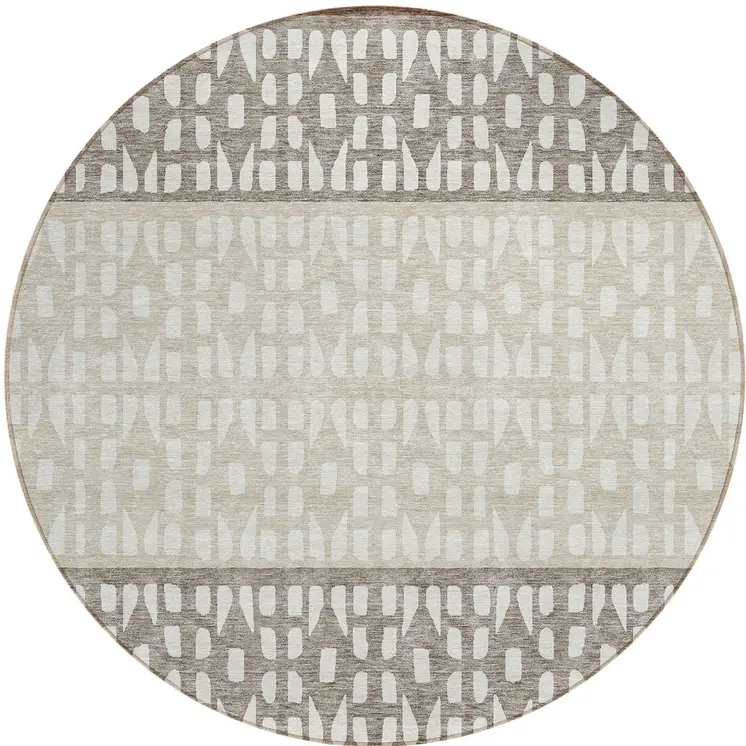 8' Chocolate Taupe And Ivory Round Geometric Washable Indoor Outdoor Area Rug