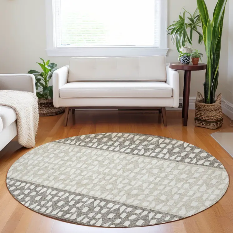 8' Chocolate Taupe And Ivory Round Geometric Washable Indoor Outdoor Area Rug