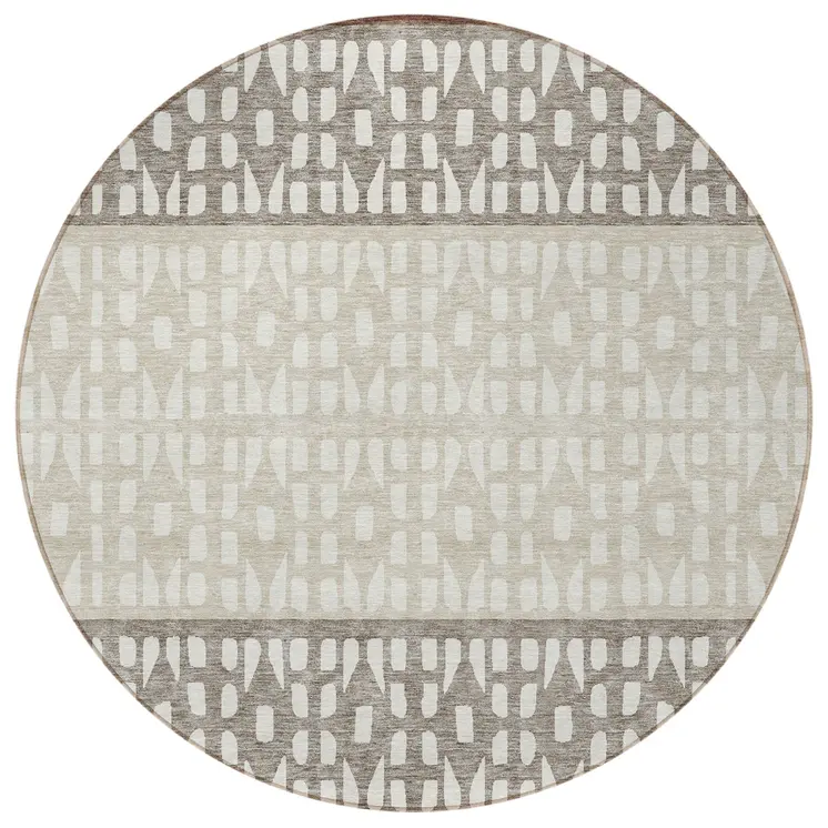 8' Chocolate Taupe And Ivory Round Geometric Washable Indoor Outdoor Area Rug