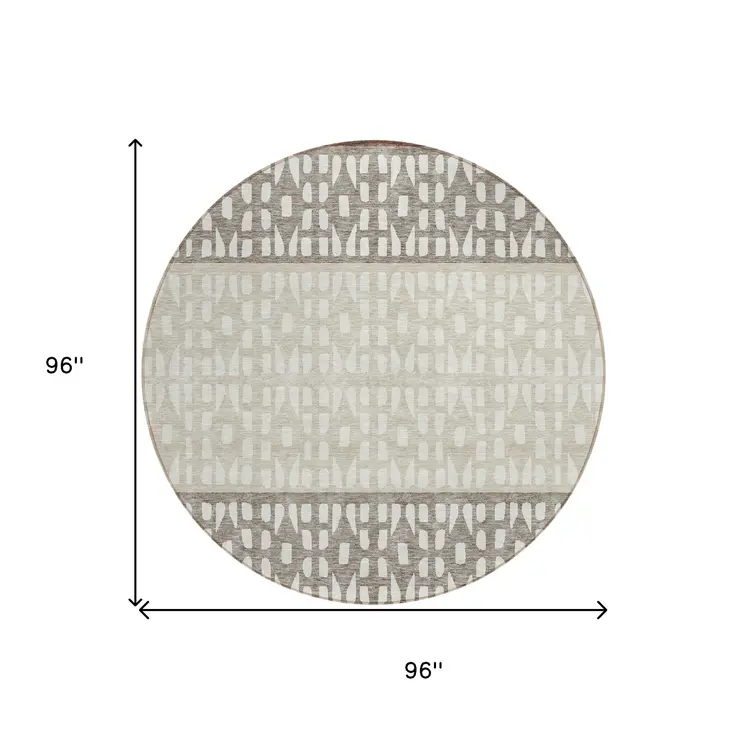 8' Chocolate Taupe And Ivory Round Geometric Washable Indoor Outdoor Area Rug
