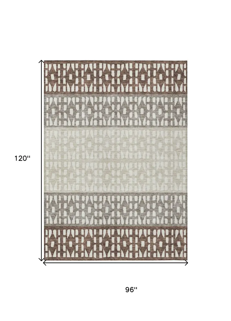8' X 10' Chocolate Taupe And Ivory Geometric Washable Indoor Outdoor Area Rug