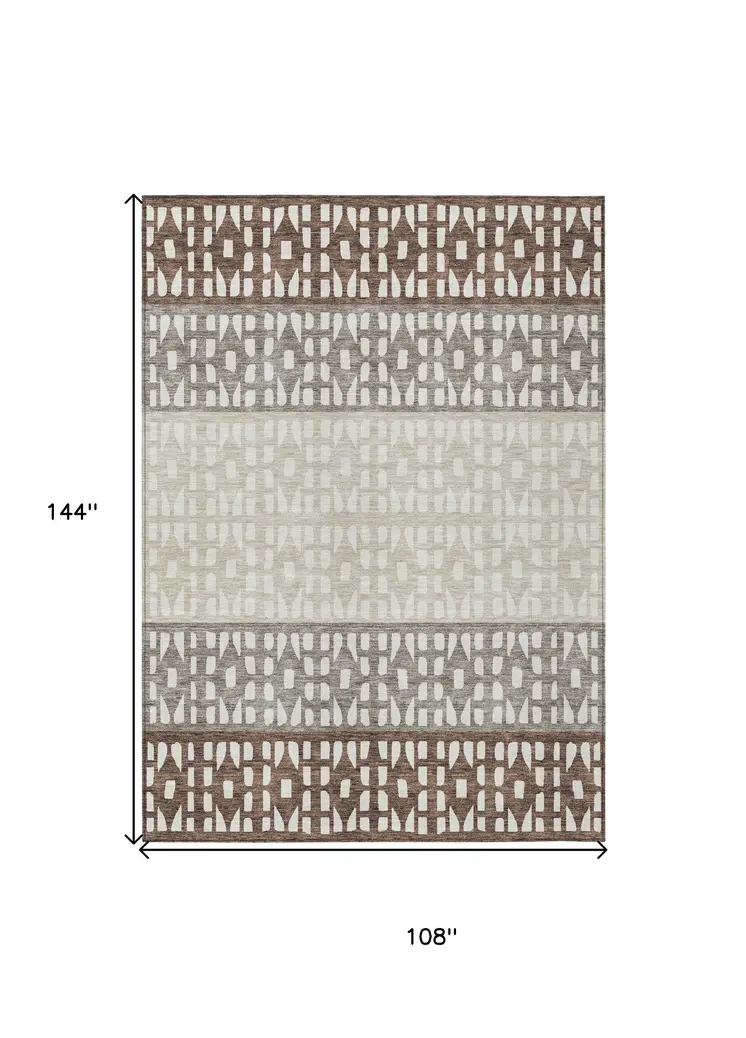 9' X 12' Chocolate Taupe And Ivory Geometric Washable Indoor Outdoor Area Rug