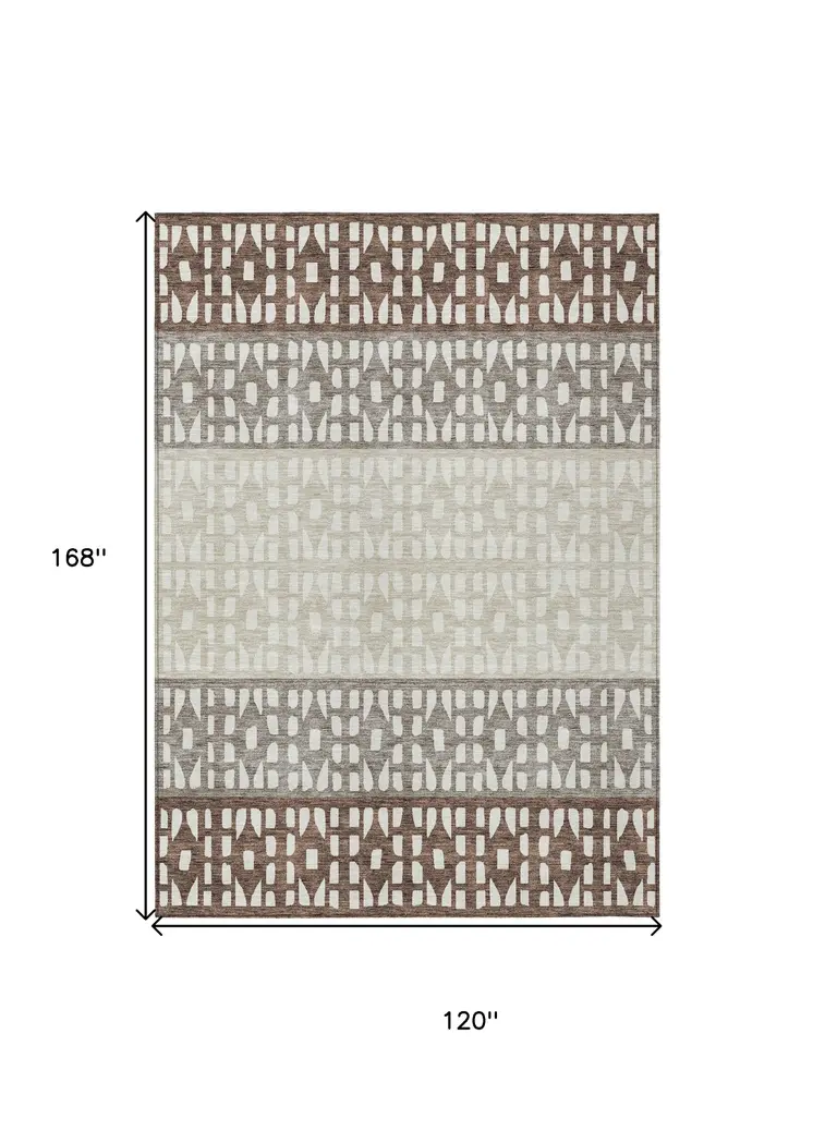 10' X 14' Chocolate Taupe And Ivory Geometric Washable Indoor Outdoor Area Rug