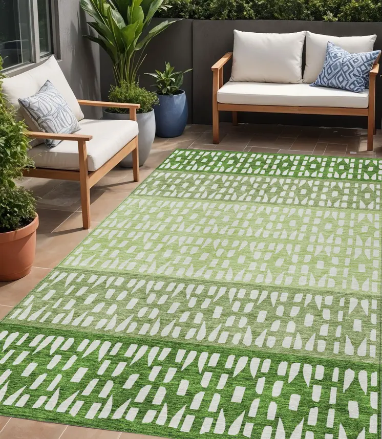5' X 8' Green Sage And Ivory Geometric Washable Indoor Outdoor Area Rug