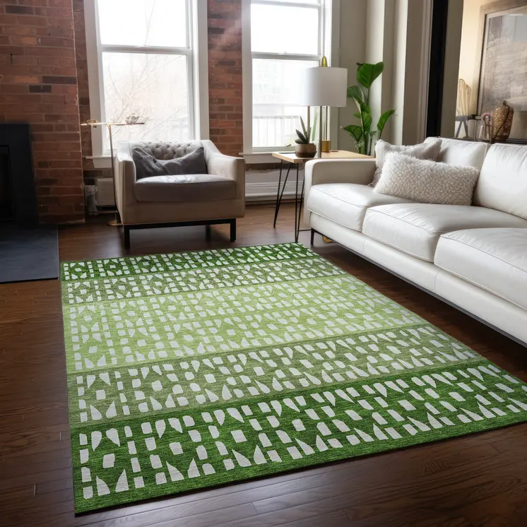 5' X 8' Green Sage And Ivory Geometric Washable Indoor Outdoor Area Rug