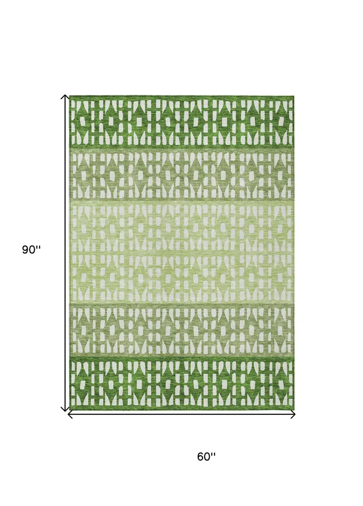 5' X 8' Green Sage And Ivory Geometric Washable Indoor Outdoor Area Rug