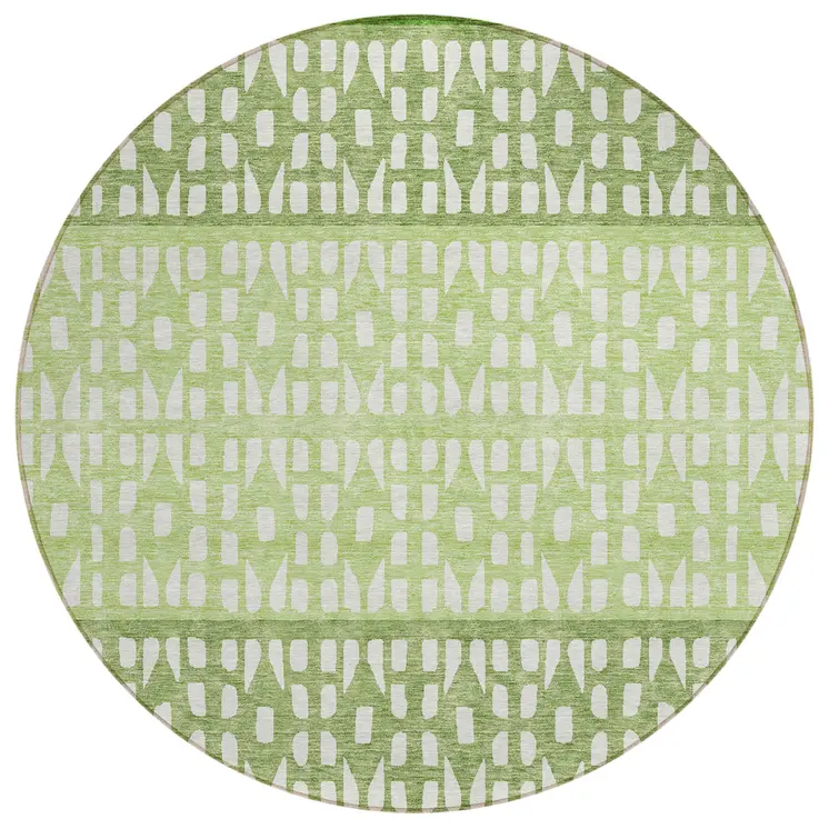 8' Green Sage And Ivory Round Geometric Washable Indoor Outdoor Area Rug